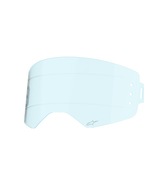 Alpinestars Supertech Wide Vision Roll-Off Lens, Clear Blue tint, injection-molded polycarbonate construction, featuring horizontal silicone glide lines and A-star logo, replacement lens for motocross goggles designed for off-road visibility.