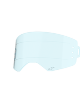 Alpinestars Supertech Wide Vision Roll-Off Lens, Clear Blue tint, injection-molded polycarbonate construction, featuring horizontal silicone glide lines and A-star logo, replacement lens for motocross goggles designed for off-road visibility.