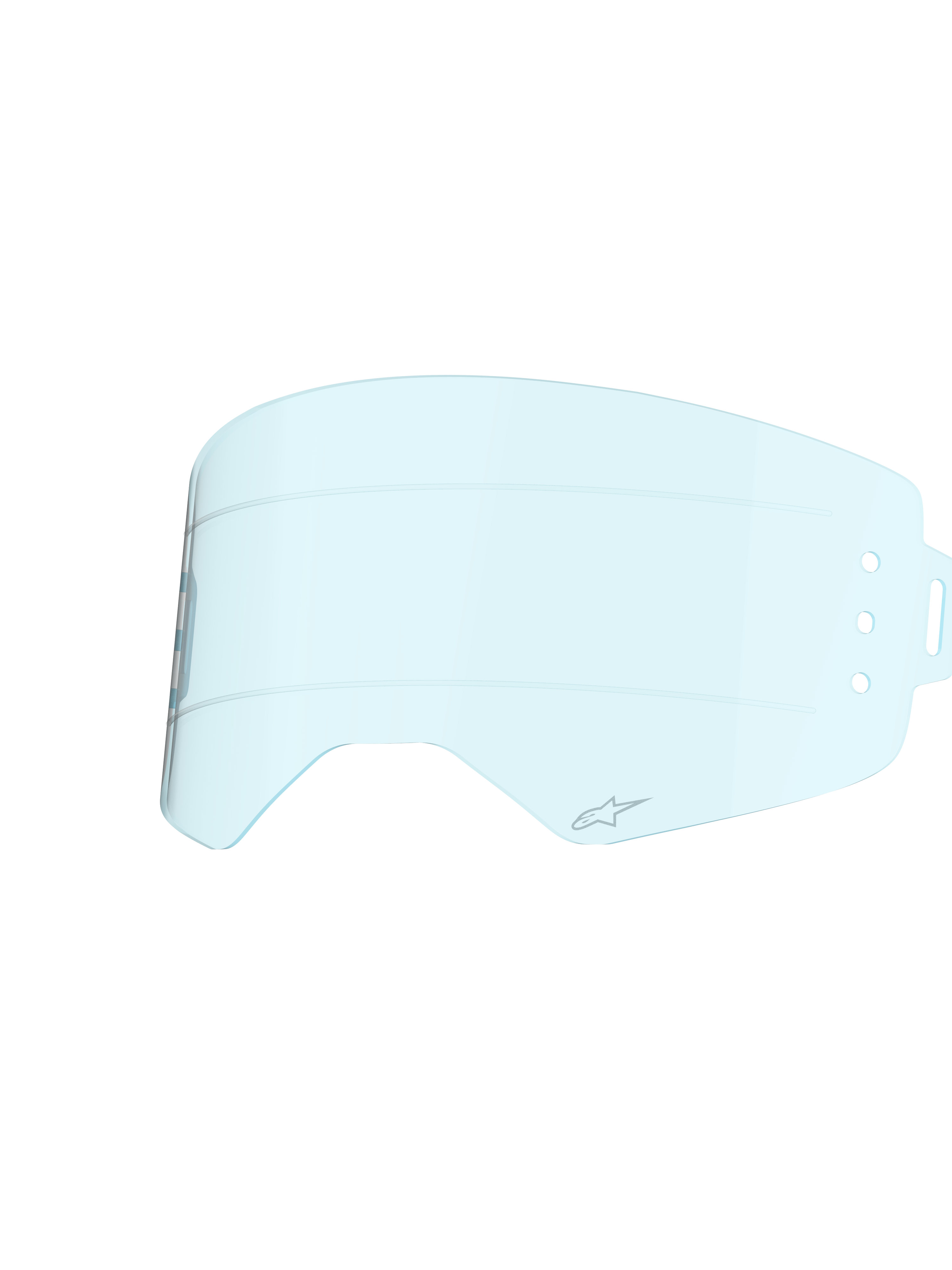 Alpinestars Supertech Wide Vision Roll-Off Lens, Clear Blue tint, injection-molded polycarbonate construction, featuring horizontal silicone glide lines and A-star logo, replacement lens for motocross goggles designed for off-road visibility.