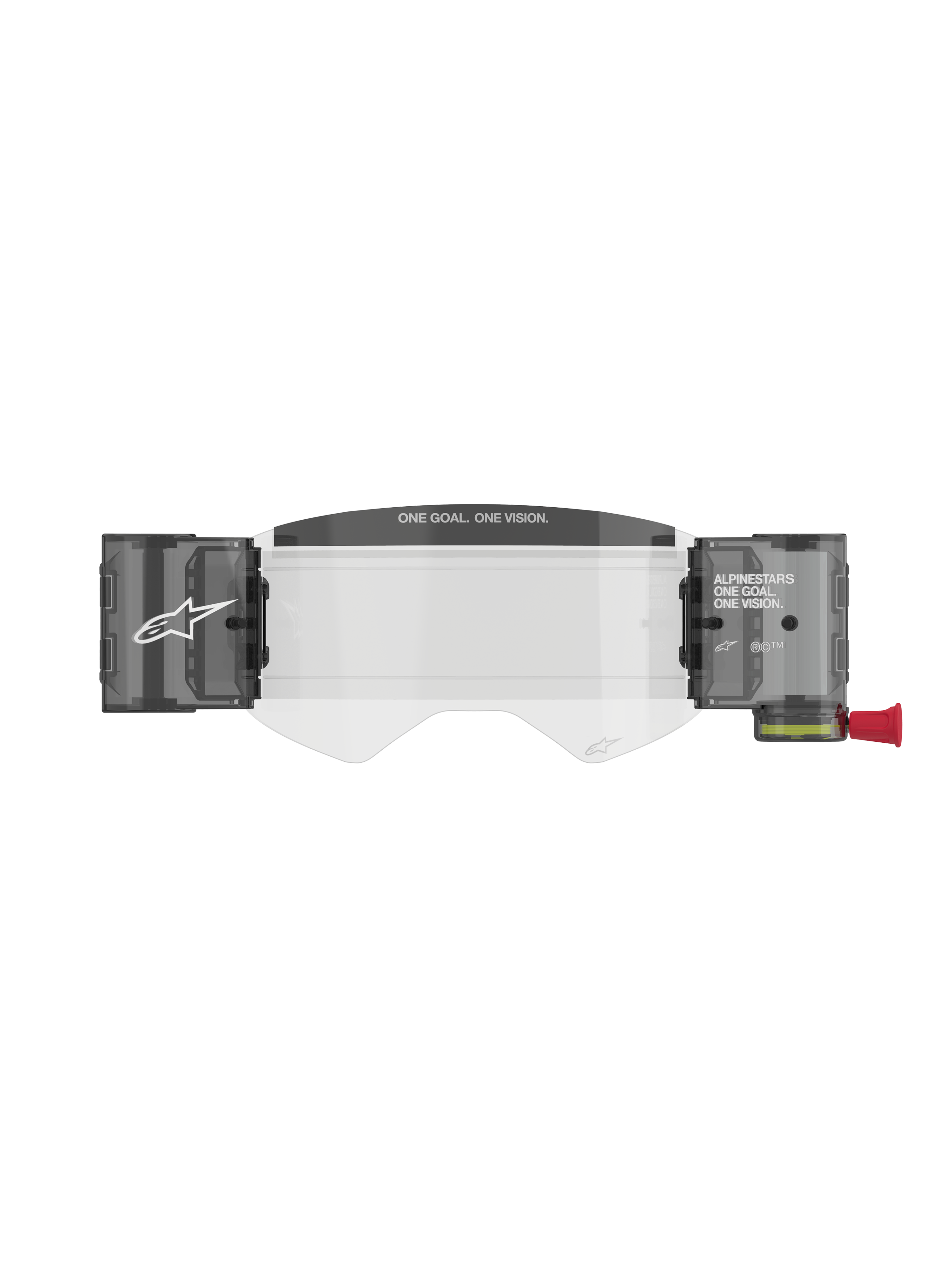 Alpinestars Supertech Roll Off Kit Wide Vision, Motocross Goggle Accessory, Transparent Injection-Molded Lens with integrated smoke-colored roll-off canisters, featuring 'ONE GOAL. ONE VISION.' text on the mud visor and a red pull-knob.