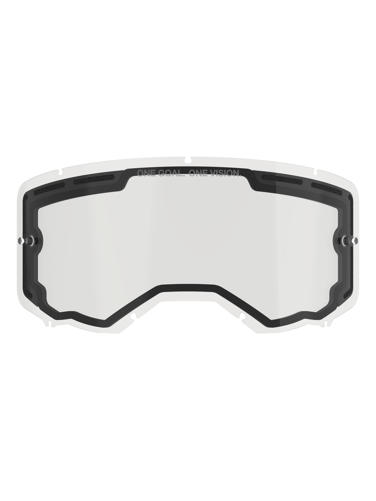 Alpinestars Vision 8-5-3 Dual Pane Lens, Clear replacement lens for motocross goggles, featuring a black inner seal with top ventilation ports, side tear-off posts, "ONE GOAL ONE VISION" branding on the upper border, off-road racing accessory