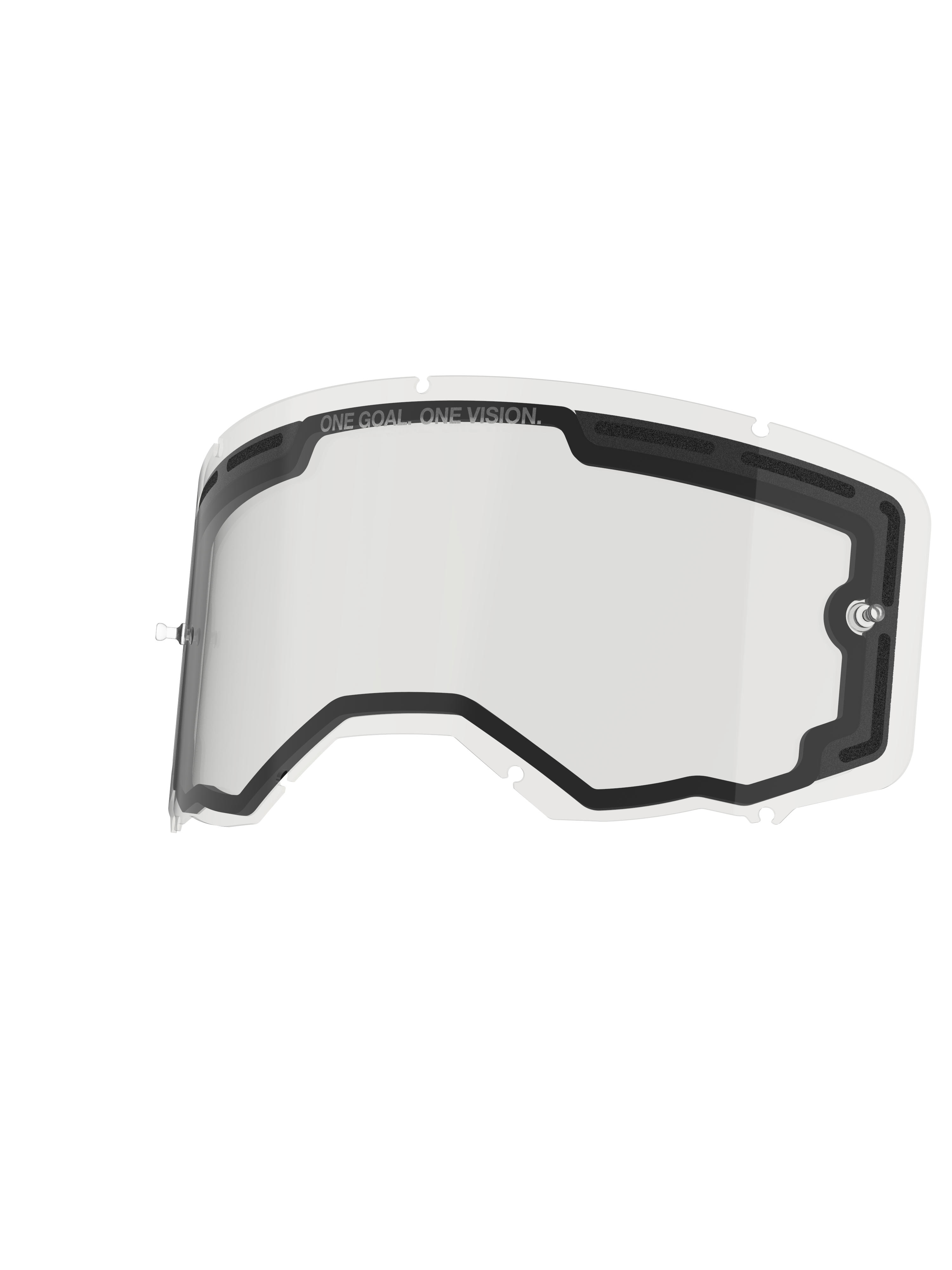 Alpinestars Vision 8-5-3 Lens Dual Pane, Clear goggle replacement lens, featuring dual-pane construction with foam-backed ventilation, integrated tear-off posts, and seven-keyhole locking system, "ONE GOAL. ONE VISION." printed on the top rim