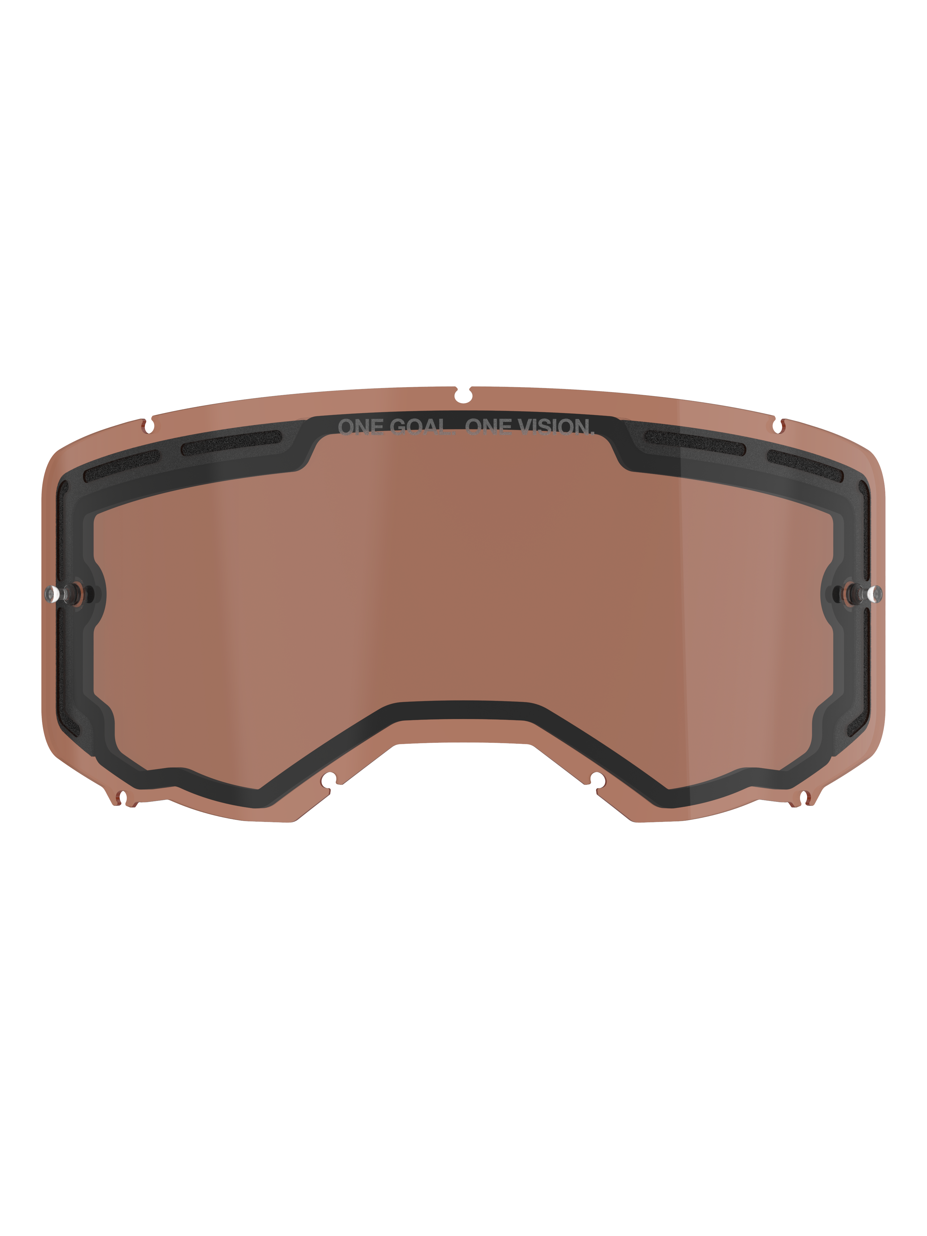 Alpinestars Vision 8-5-3 Dual Pane Vented Lens, Copper Rose tinted replacement lens for motocross goggles, featuring integrated tear-off posts, top ventilation ports, and ONE GOAL ONE VISION branding.