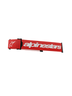 Alpinestars Supertech Goggles Strap, Red and White, replacement motocross goggle band featuring bold white branding, black click-snap connectors, and integrated ISP wedge for helmet positioning