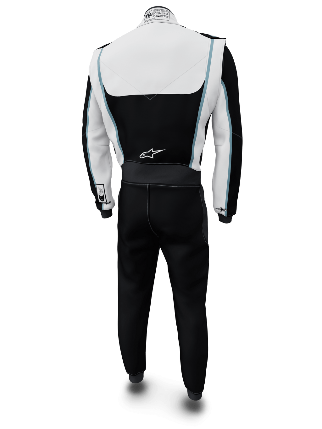 Alpinestars Tech Vision V3 Custom Suit, Auto Racing Suit, White and Black with light blue accents, rear view, featuring Alpinestars logo on the lower back and FIA certification label on the collar, professional fire-retardant racing apparel with Nomex construction