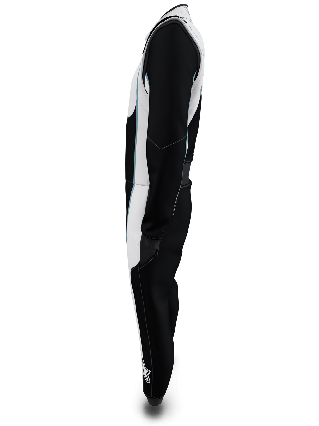 Alpinestars Tech Vision V3 Custom Suit, Side profile view, Black and White with light blue accents, professional FIA and SFI certified auto racing suit, lightweight Nomex construction