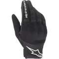 Alpinestars Stella Copper Women's Gloves, Black and White Motorcycle Gloves, urban style with mesh ventilation, featuring a white star logo on the cuff and white text on the index finger, lightweight textile construction.