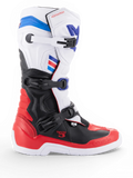 Alpinestars Tech 3 motocross boots, white and bright red with dark blue accents, black TPU protection and three-buckle closure, side view