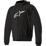 The Alpinestars EU Chrome Sport Hoodie is a sleek and minimalistic black hooded sweatshirt with long sleeves, featuring a white stylized logo on the chest. It includes a front zipper and two side pockets. Designed for urban riding, it also offers optional Nucleon Flex Plus protectors for enhanced safety.