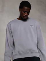 Alpinestars Essentials Ageless Crew, Silver premium crewneck sweatshirt, featuring a small black Alpinestars logo on the chest, worn by a model, casual lifestyle streetwear with a soft fleece texture.