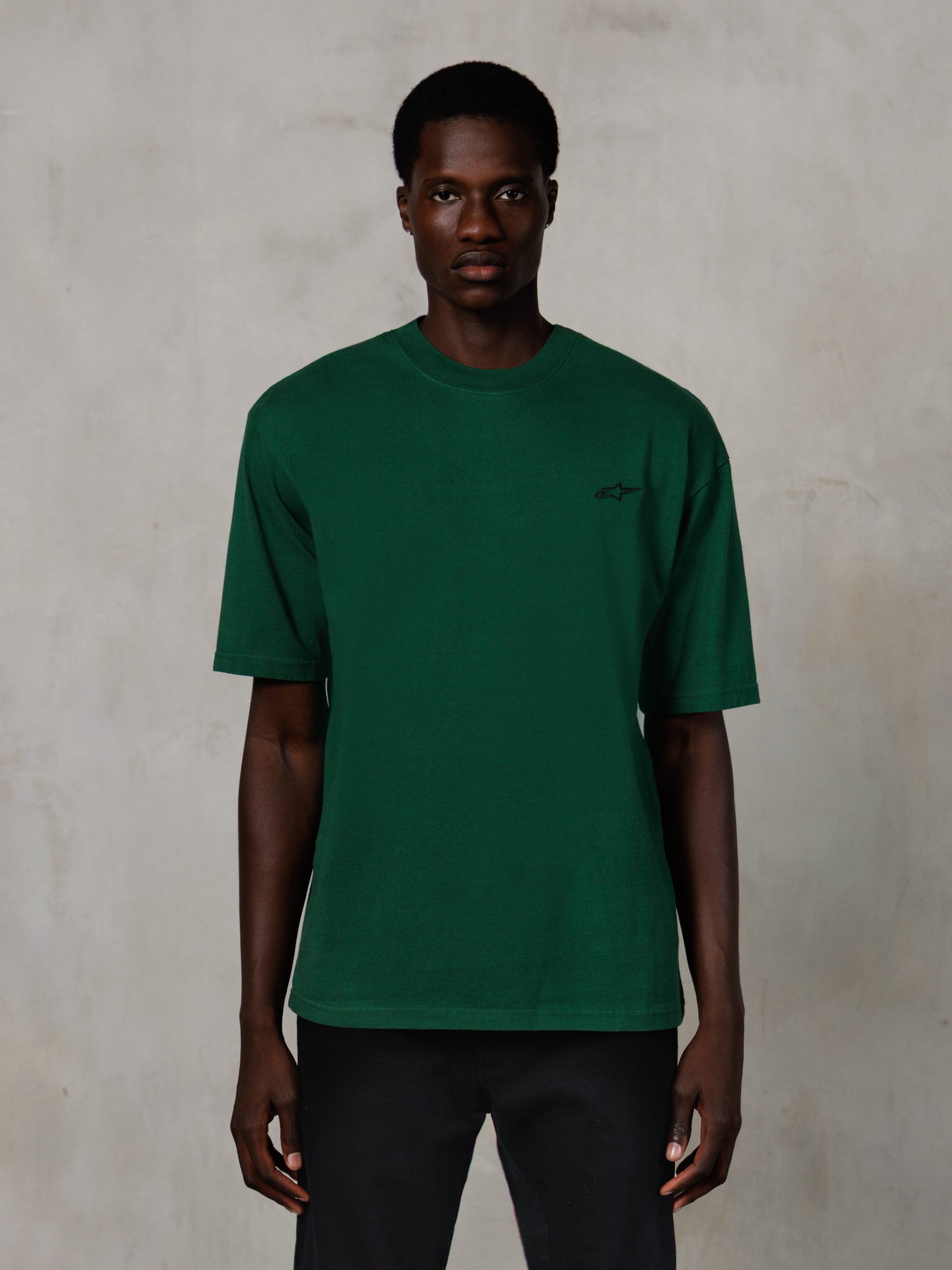 Alpinestars Essentials Ageless SS Tee, Short Sleeve T-Shirt, Pine Green, featuring a small black chest logo, relaxed fit, casual lifestyle streetwear