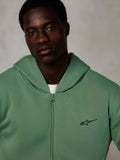 Alpinestars Essentials Ageless Zip Hoodie, lifestyle portrait, cactus green with small black logo, zip-up front, soft fleece texture, casual motorsport-inspired streetwear
