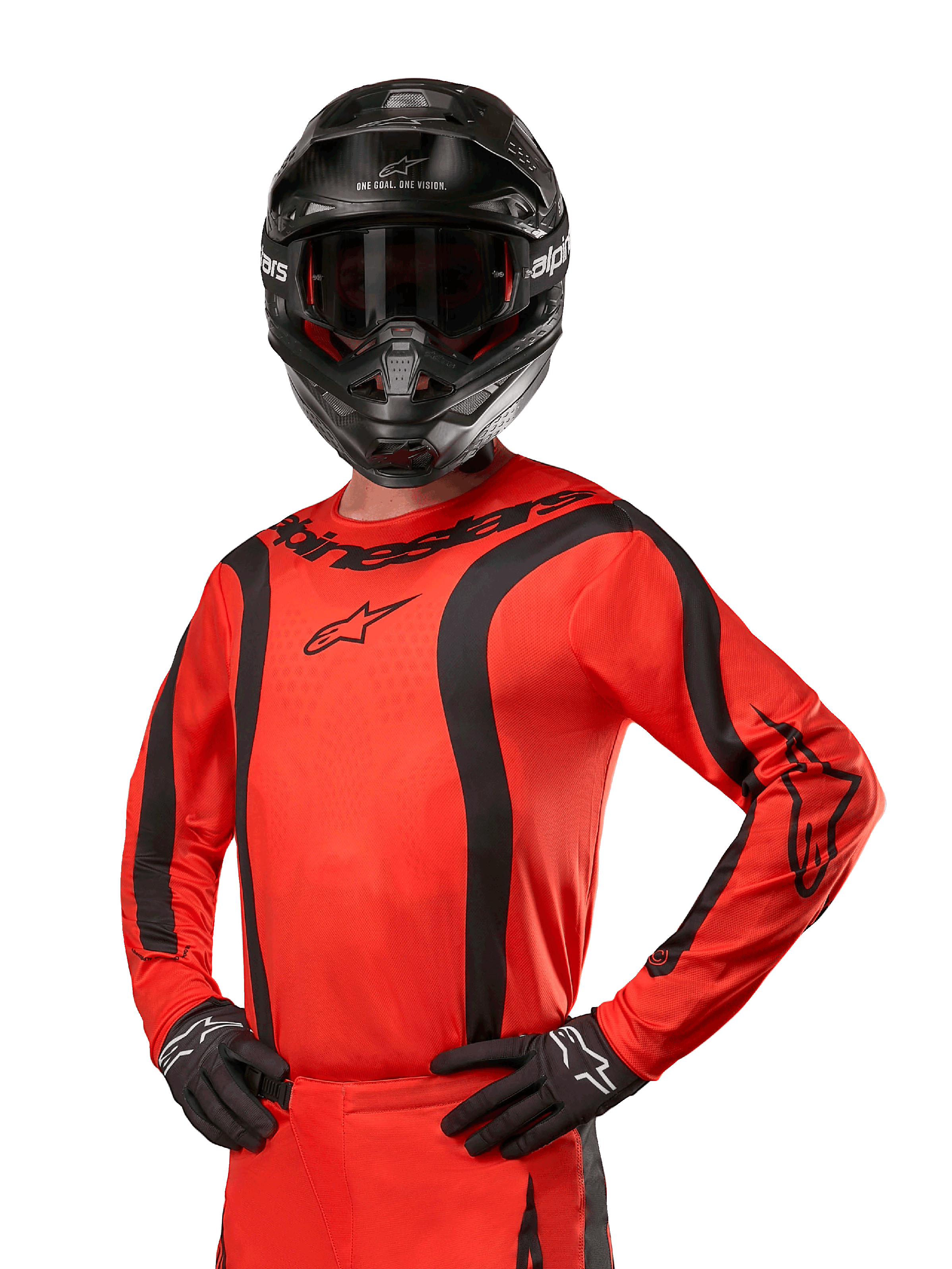 2024 Fluid Lurv Jersey, Motocross Racing Jersey, Hot Orange and Black, long sleeve with curved black stripes, Alpinestars logos on chest and shoulders, worn with black helmet and gloves, athletic off-road gear