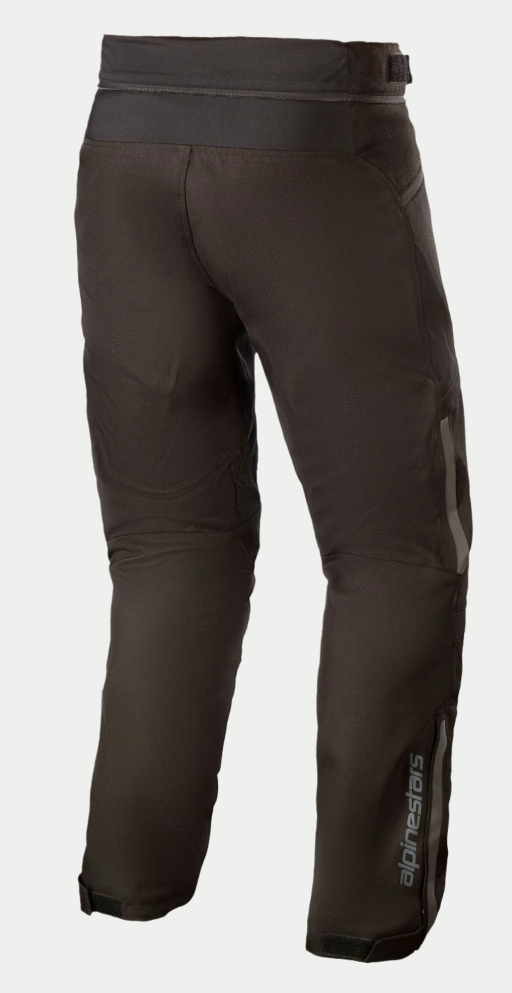 Alpinestars AST-1 V2 Waterproof Pants - Short, Black Motorcycle Pants, rear view featuring durable textile construction, reflective Alpinestars logo on the lower leg, waist connection zipper, and adjustable hook and loop waist belt