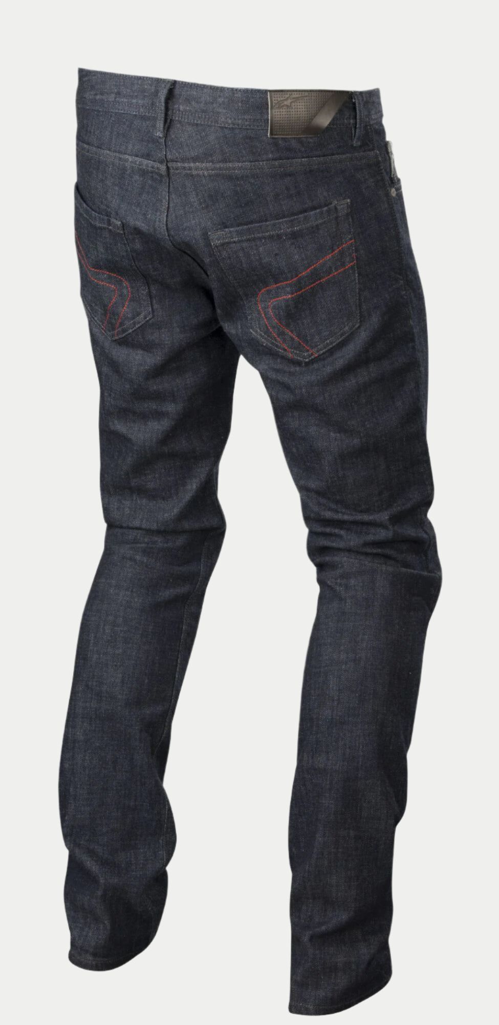 Alpinestars Copper Denim Pants, Urban Motorcycle Riding Jeans, Dark Blue and Red, rear view featuring decorative red stitching on back pockets, leather belt patch, regular straight fit