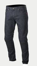 Alpinestars Copper Denim Pants, Motorcycle Riding Jeans, Dark Blue, featuring a regular straight fit, classic five-pocket design with a small red logo accent on the pocket, and pre-shaped leg construction for urban riding.