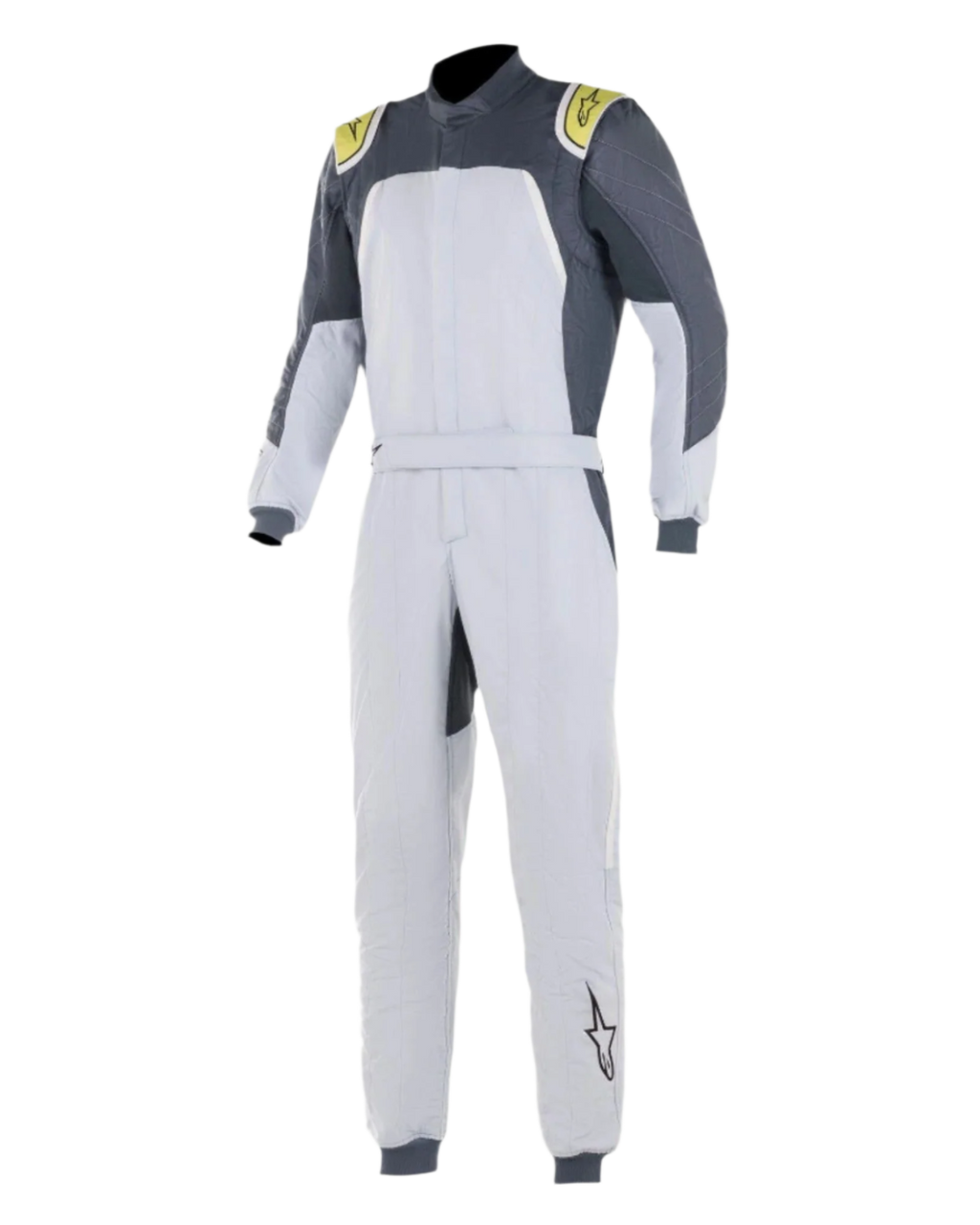 Alpinestars GP Pro Comp Suit, Professional Auto Racing Suit, Silver Blue Asphalt Lime, light silver body with dark gray shoulder panels and lime green accents, belted waist and ribbed cuffs, FIA-certified three-layer construction for motorsport performance
