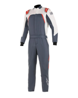 Alpinestars GP Pro Comp Bootcut Suit FIA, Auto Racing Suit, Asphalt White and Red, one-piece motorsport suit with white upper chest and sleeves, red shoulder accents, dark gray asphalt body, and bootcut leg construction.