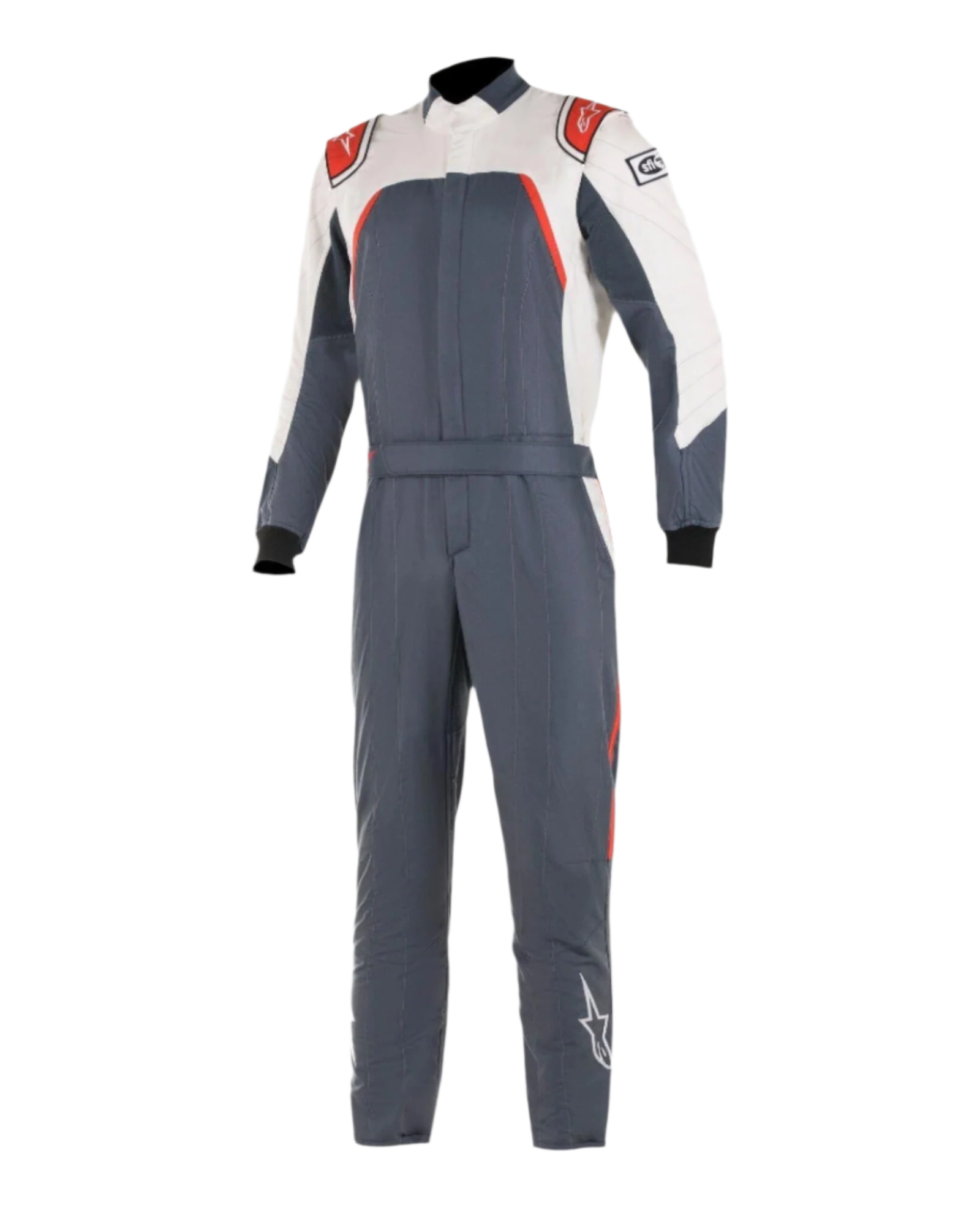 Alpinestars GP Pro Comp Bootcut Suit FIA, Auto Racing Suit, Asphalt White and Red, one-piece motorsport suit with white upper chest and sleeves, red shoulder accents, dark gray asphalt body, and bootcut leg construction.