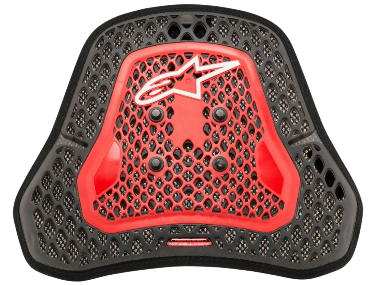 Alpinestars Nucleon KR-Cell Ci S Chest Protector, Transparent Smoke Red and Black, featuring a honeycomb cell micro-structure, four black mounting buttons, white Alpinestars logo, lightweight ergonomic protective insert for motorcycle racing and sport riding