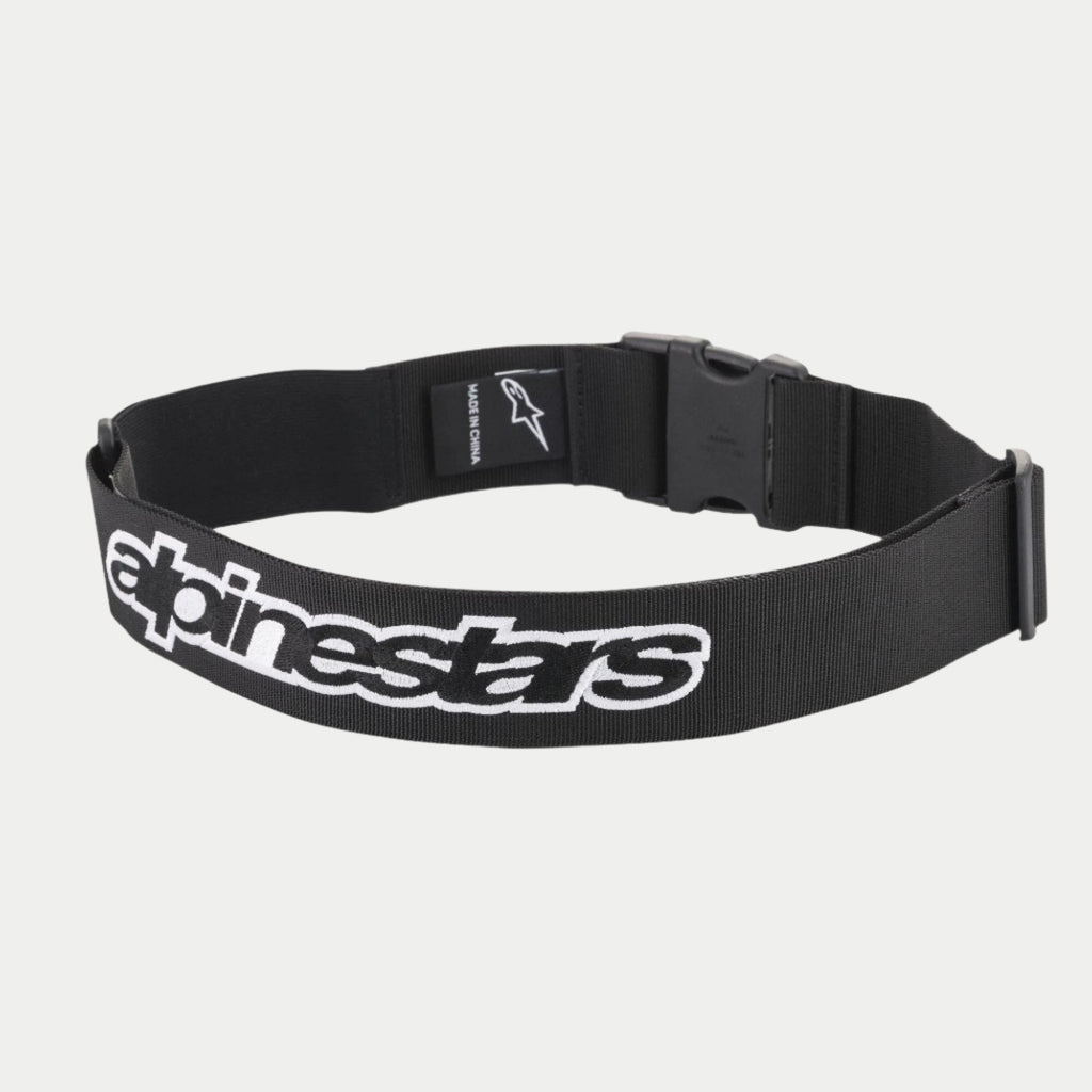 Alpinestars Pit Radio Belt, Black technical utility belt, featuring a white embroidered Alpinestars logo, plastic clip buckle closure, and stretch poly-fabric material for pit crew use.