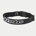 Alpinestars Pit Radio Belt, Black technical utility belt, featuring a white embroidered Alpinestars logo, plastic clip buckle closure, and stretch poly-fabric material for pit crew use.