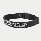 Alpinestars Pit Radio Belt, Black technical utility belt, featuring a white embroidered Alpinestars logo, plastic clip buckle closure, and stretch poly-fabric material for pit crew use.