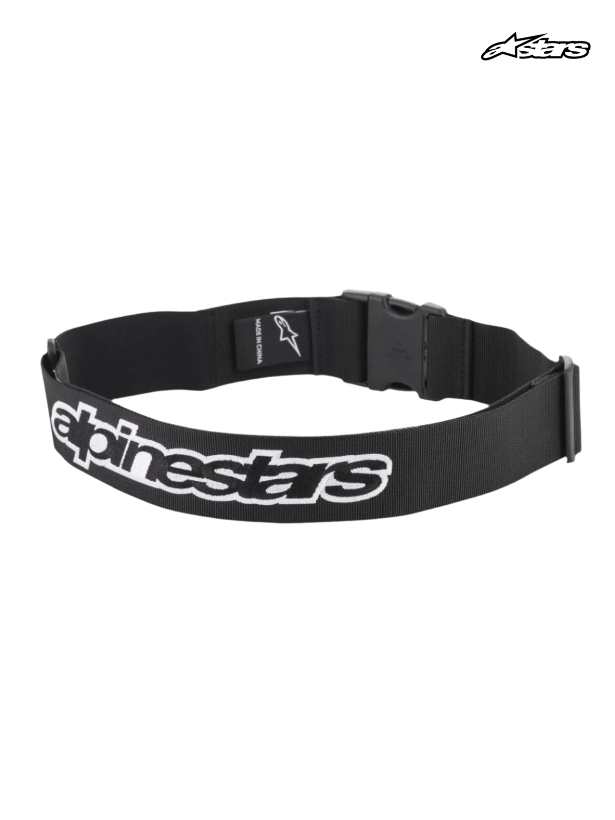 Alpinestars Pit Radio Belt, mechanic utility belt for auto racing, black, featuring large clip buckle closure, stretch insert, and embroidered Alpinestars logo branding