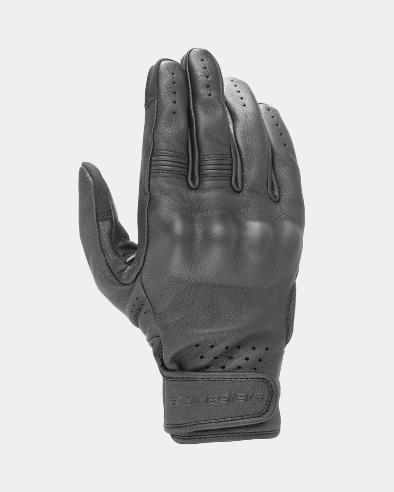 Alpinestars Stella Dyno Leather Gloves, Women's Motorcycle Gloves, Black, short cuff road riding glove, goat leather chassis with covered hard knuckle protection, perforated details for airflow, leather accordion panels on fingers, and adjustable wrist closure with Alpinestars branding