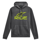 Alpinestars Ride Hoodie V 3, charcoal pullover hoodie with lime green front Ride logo and matching drawcords, sportswear fleece