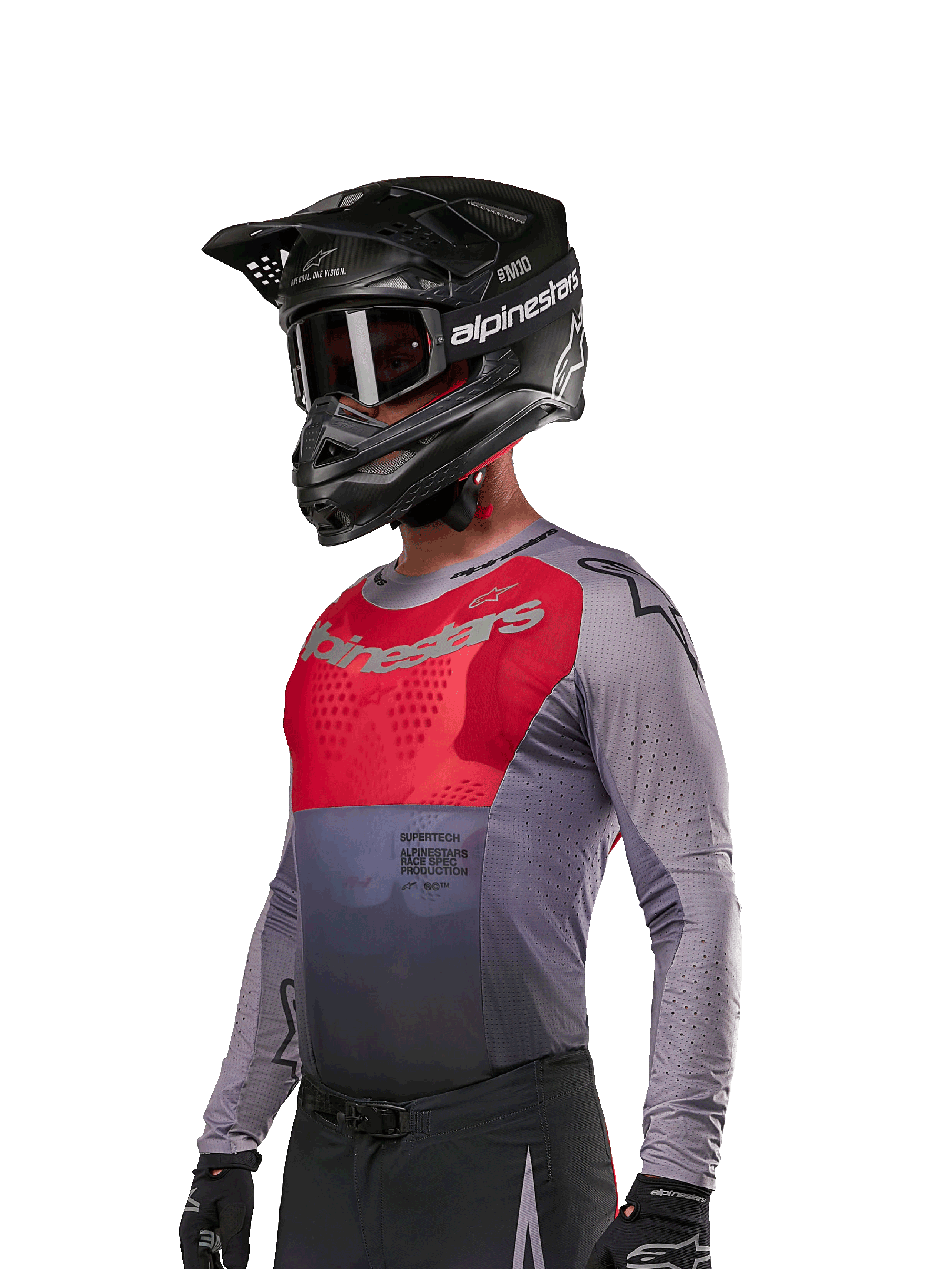 Alpinestars 2024 Supertech Dade Jersey, Motocross Jersey, Iron Red Berry and Gray, long sleeve with laser-cut perforations, worn by rider with black helmet and gloves, pro-level athletic racing fit
