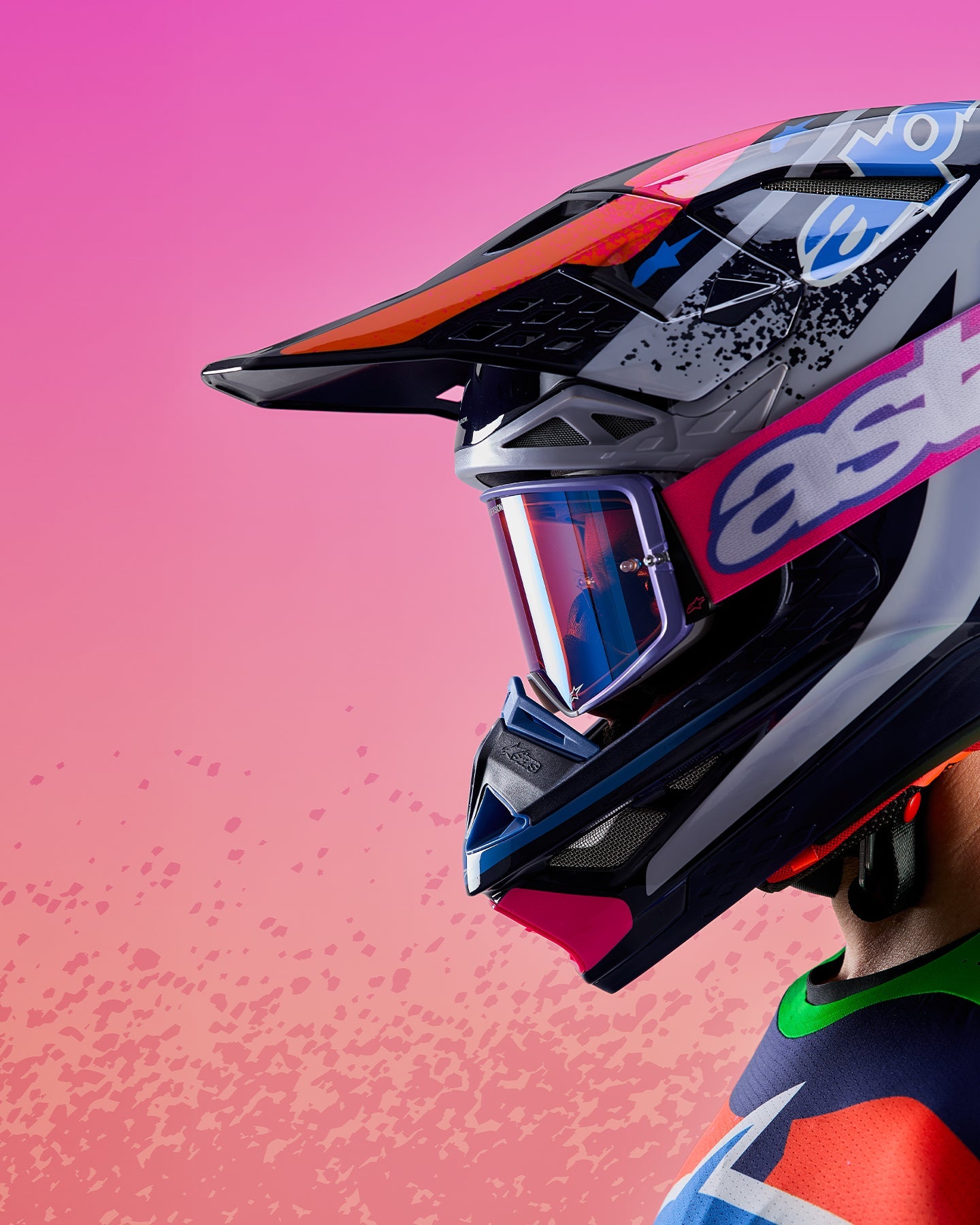 Alpinestars Limited Edition Supertech M10 Records Helmet, Motocross, Multicolor Pink and Blue, Carbon-Kevlar, ECE Certified.