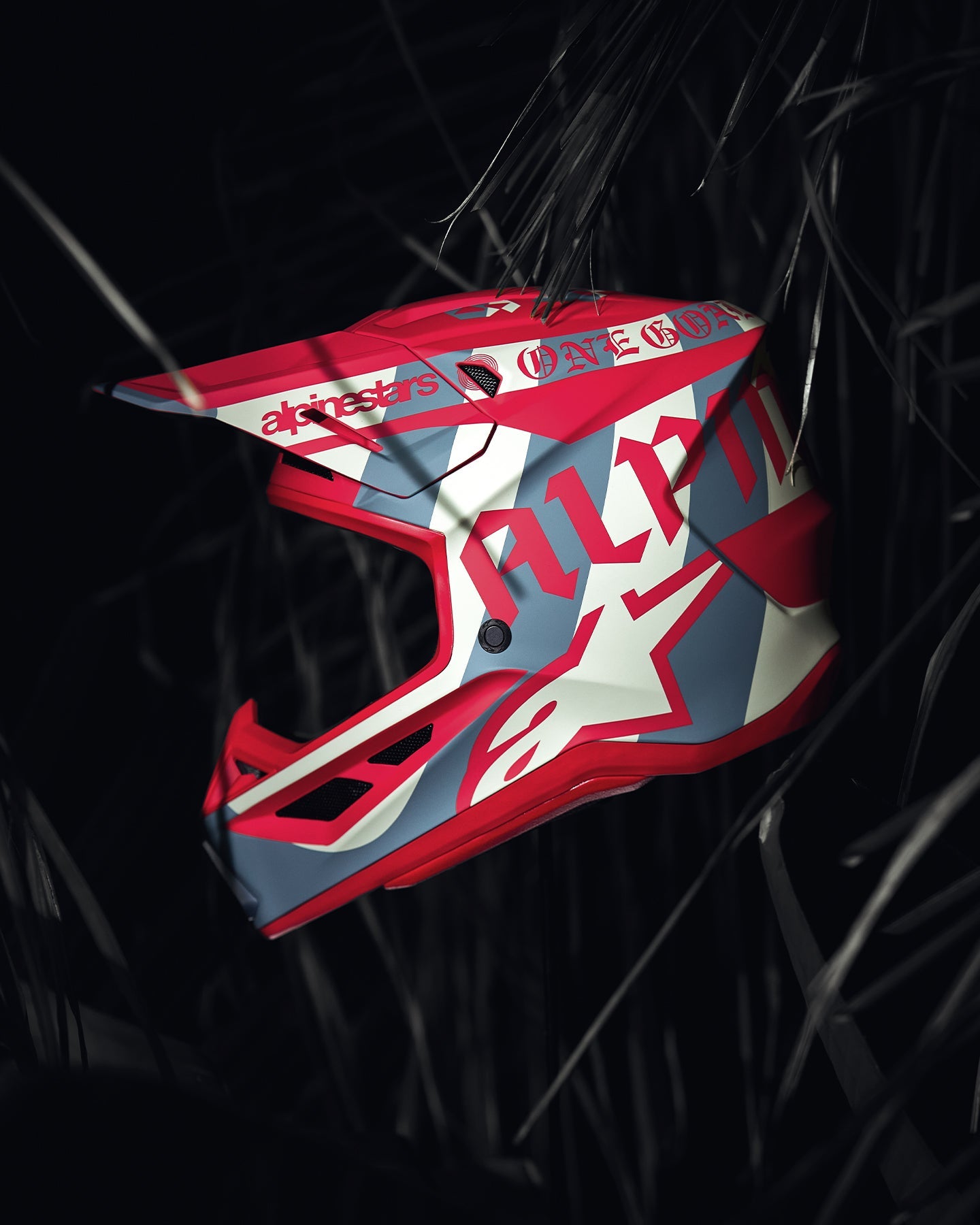 Alpinestars S-M7 Beast Coast Motocross Helmet, matte light gray and hot orange, featuring aerodynamic racing shell.