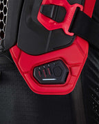 Tech-Air® Off-Road LED display showing Rally, Enduro, and Street modes on a black and red mesh protection jacket.