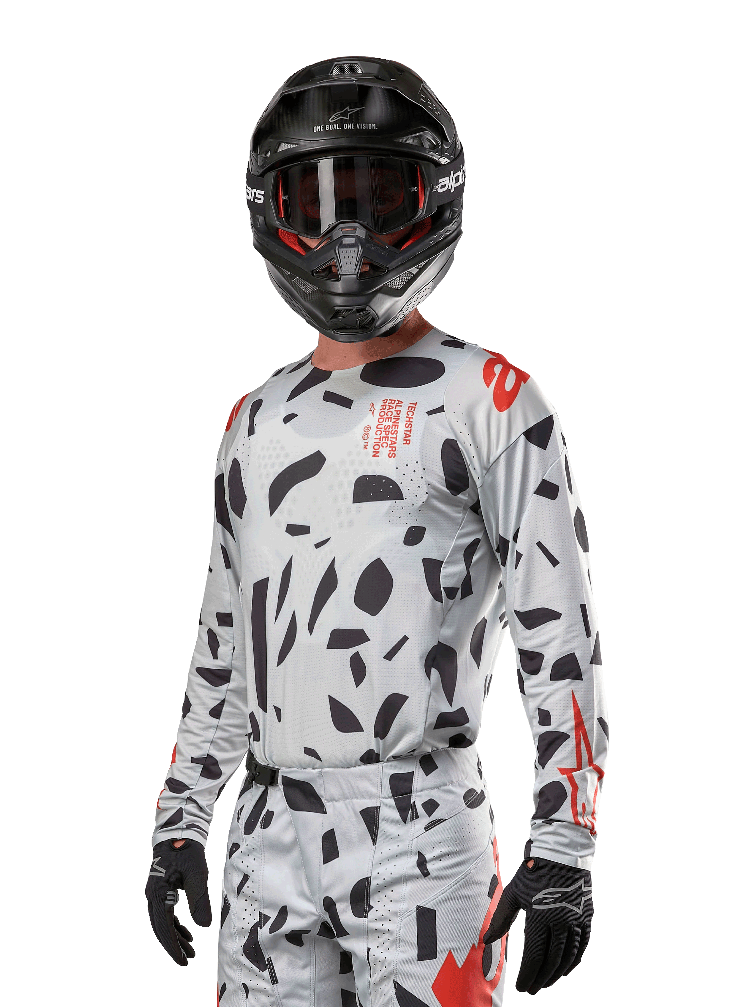 Alpinestars 2024 Techstar Rantera Jersey, Motocross Jersey, Haze Gray Camo with black abstract patterns and red accents, long-sleeve design worn with matching black helmet and gloves, technical off-road racing gear