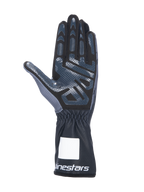 Alpinestars Tech-1 K V3 Karting Gloves, Black Anthracite, palm side view featuring high-grip silicone print, synthetic suede palm, gauntlet cuff with elasticated wrist and white branding, professional motorsport gear