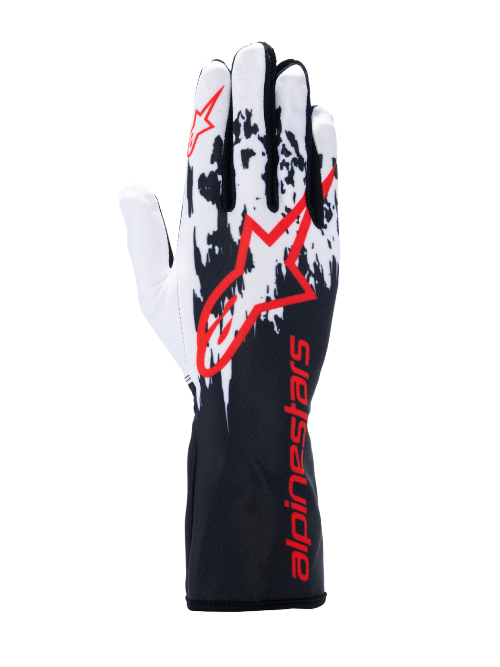 Alpinestars Tech-1 K V3 Gloves, Karting Gloves, Black White Red, featuring a white and black splattered graphic design on the back, large red Alpinestars logo, red branding on the long gauntlet cuff, professional motorsport gear.