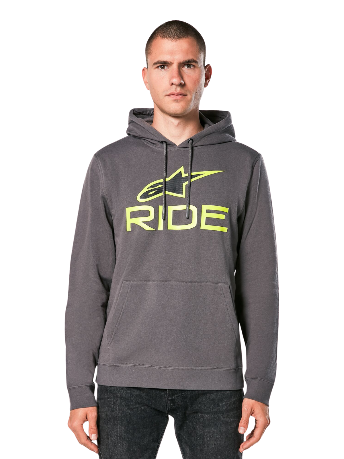 Alpinestars Ride Hoodie V 3, charcoal gray pullover hoodie with lime green RIDE logo, features a front kangaroo pocket and drawstring hood, casual motorsport-inspired streetwear