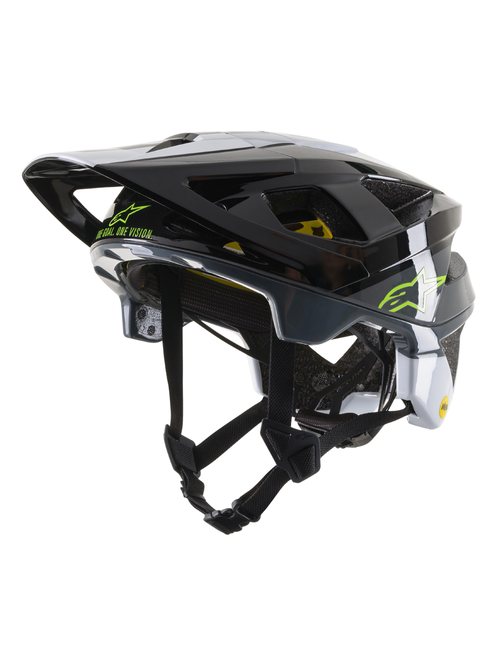 Alpinestars Vector Tech Pilot Helmet CE, MTB Cycling Helmet, Black White and Cool Gray Glossy, featuring lime green Alpinestars logo and 'One Goal. One Vision.' text, multiple ventilation ports, and an adjustable visor.