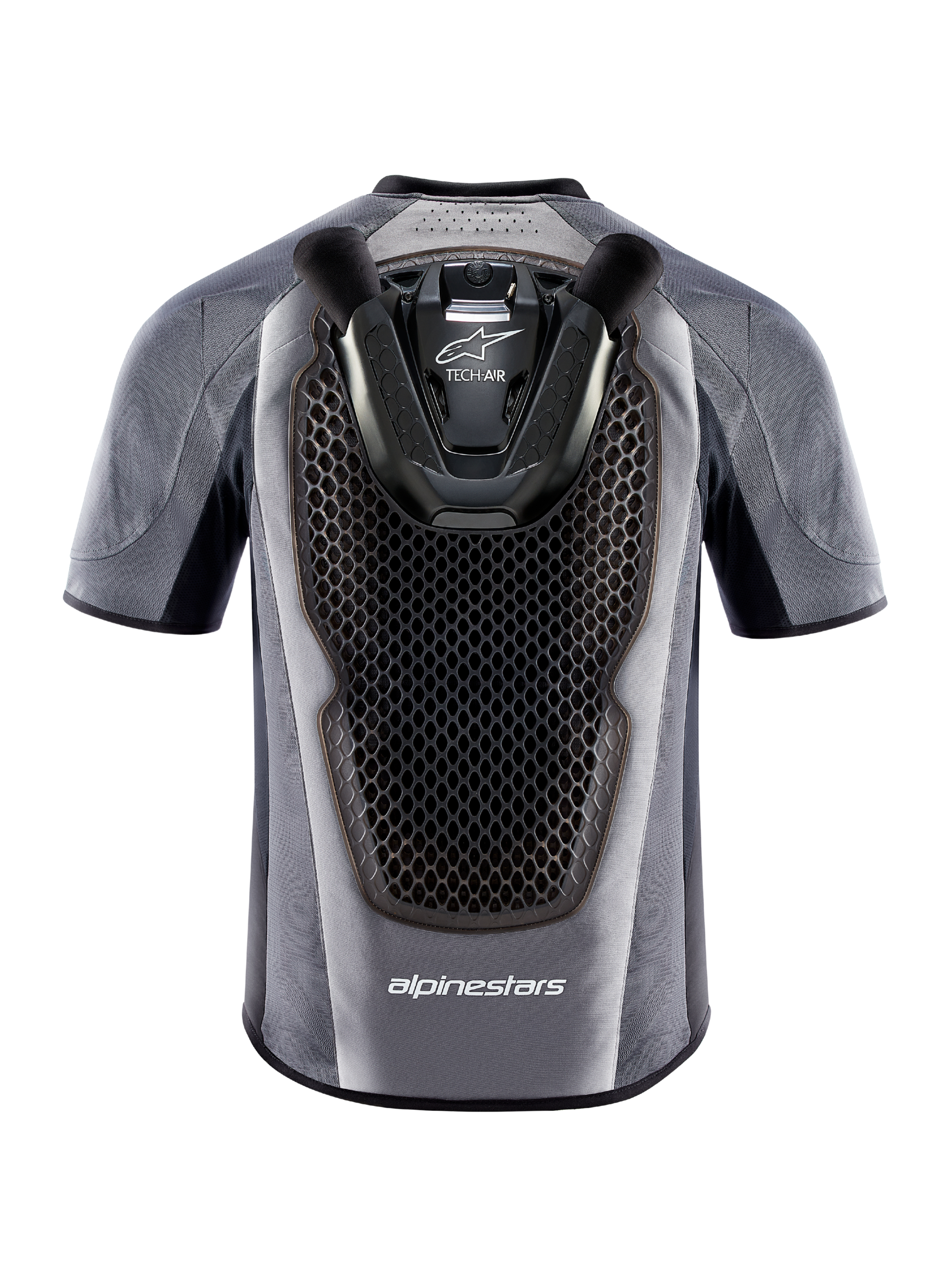Tech-Air 5 System motorcycle airbag vest, rear view in gray and black with integrated honeycomb back protector.