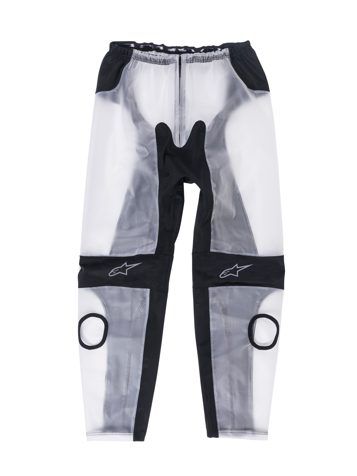 Alpinestars Racing Rain Pants, Motorcycle Rain Overpants, Clear Black and Translucent White, featuring circular knee slider cutouts, black ergonomic stretch panels, and star logos on the knees, waterproof design for track use