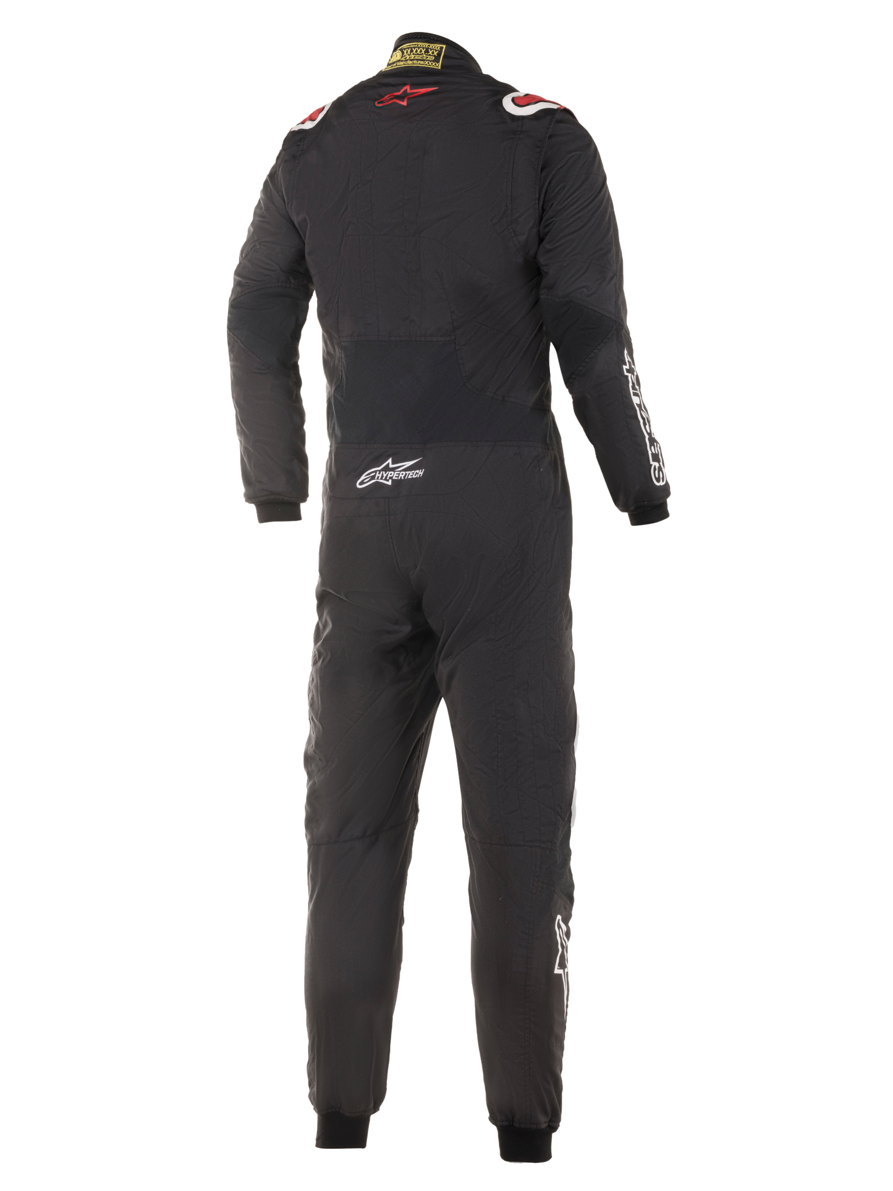 Alpinestars Hypertech Suit, Auto Racing Suit, Black with Red and White accents, back view showing red star logo on upper back, Hypertech branding on lower back, professional one-piece design for motorsport.
