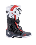 Alpinestars Tech 10 Supervented Boots, Motocross Boots, Black White Mid Gray and Red, side profile view featuring multiple buckle closures, ventilated panels, and red Alpinestars logos, technical off-road footwear design