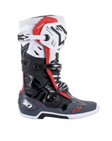 Alpinestars Tech 10 Supervented Boots, Motocross Boots, Black White Mid Gray and Red, side profile view featuring multiple buckle closures, ventilated panels, and red Alpinestars logos, technical off-road footwear design