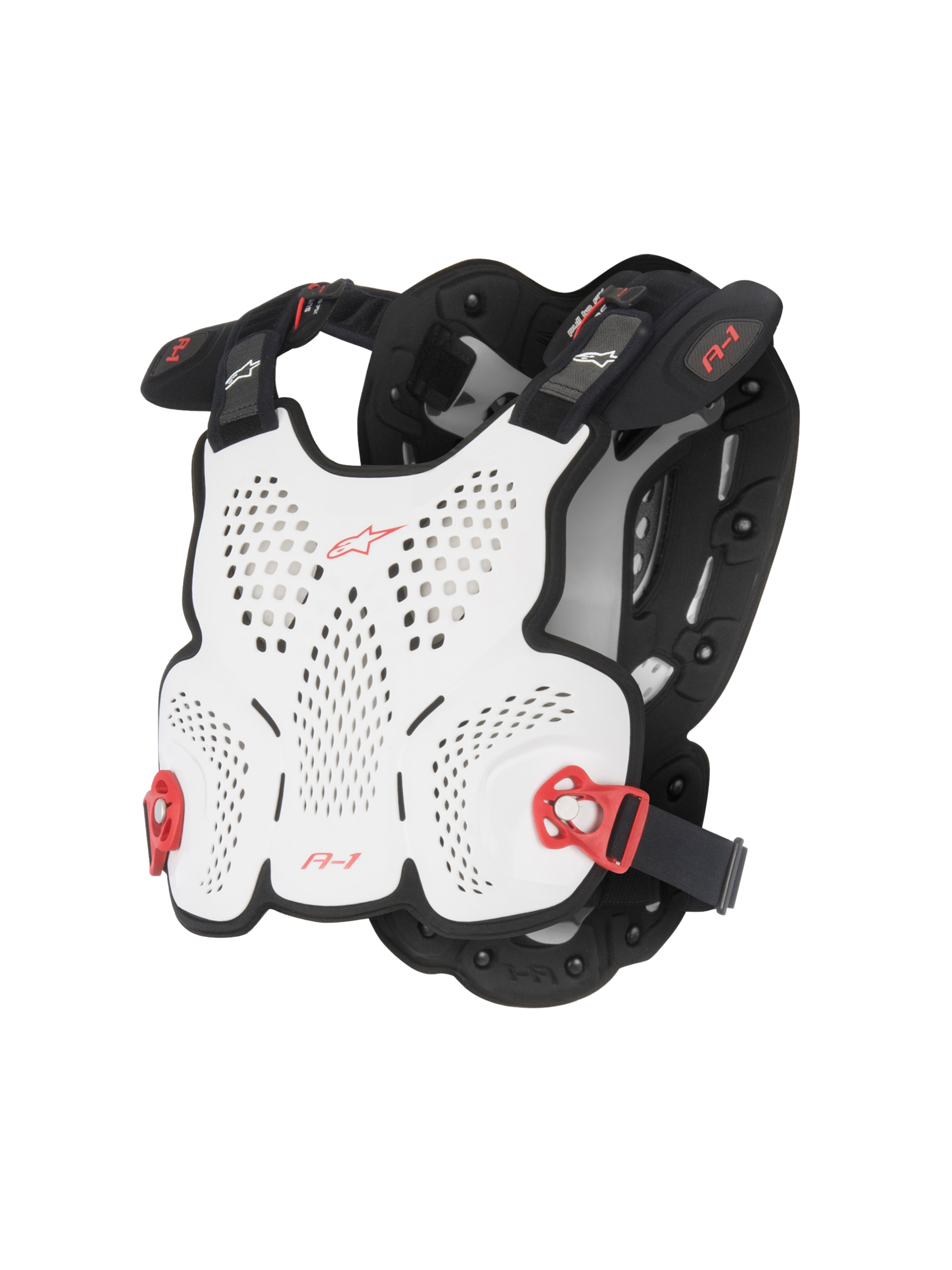 Alpinestars A-1 Roost Guard, Motocross Chest Protector, White and Black with Red accents, perforated hard shell for ventilation, red adjustable side buckles, lightweight body-contoured design for off-road riding