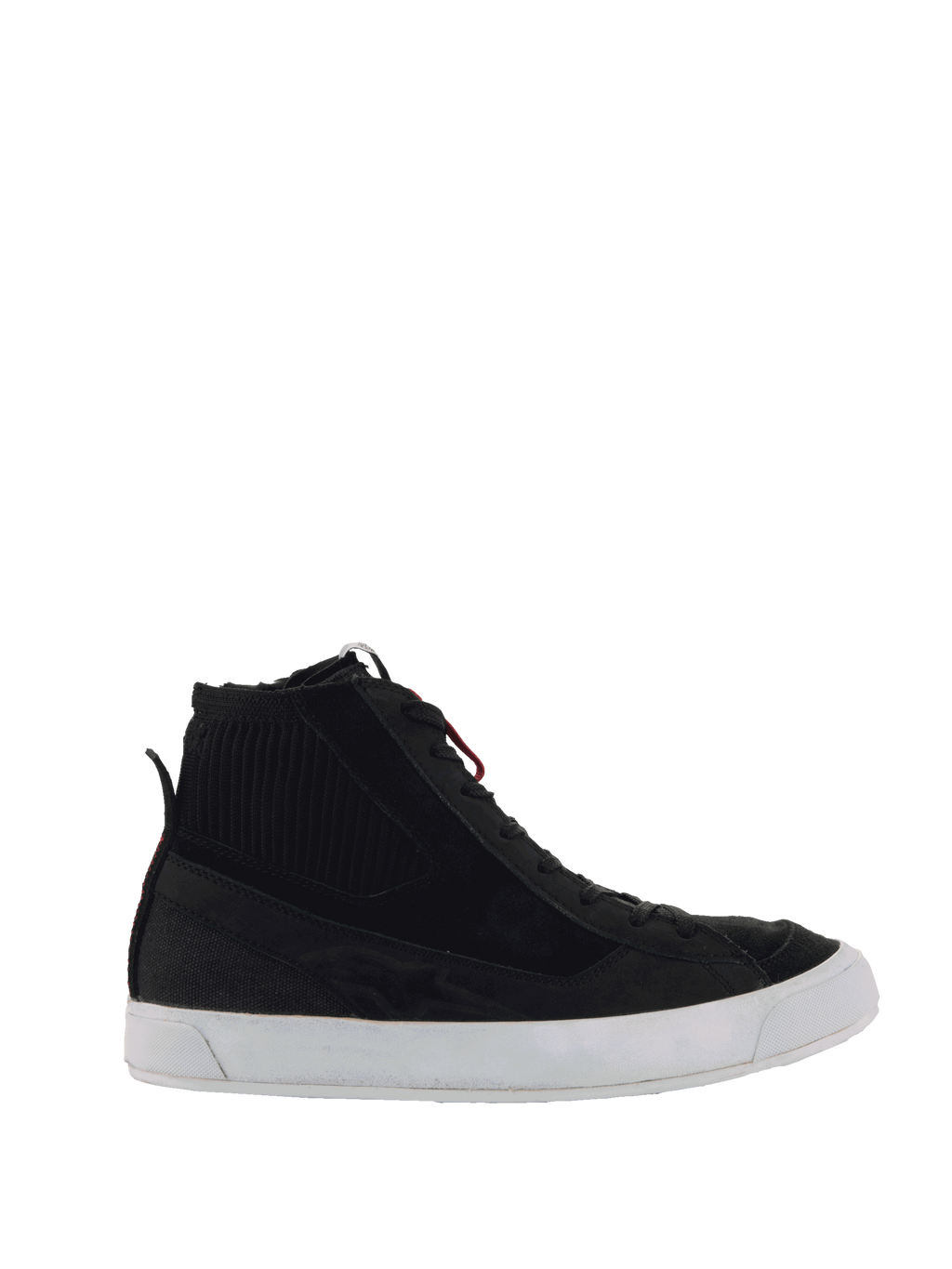 Alpinestars Stated Shoes, Black High-Top Motorcycle Sneakers, Black and White, ribbed ankle detail, red lace accents, white vulcanized sole, casual urban riding footwear