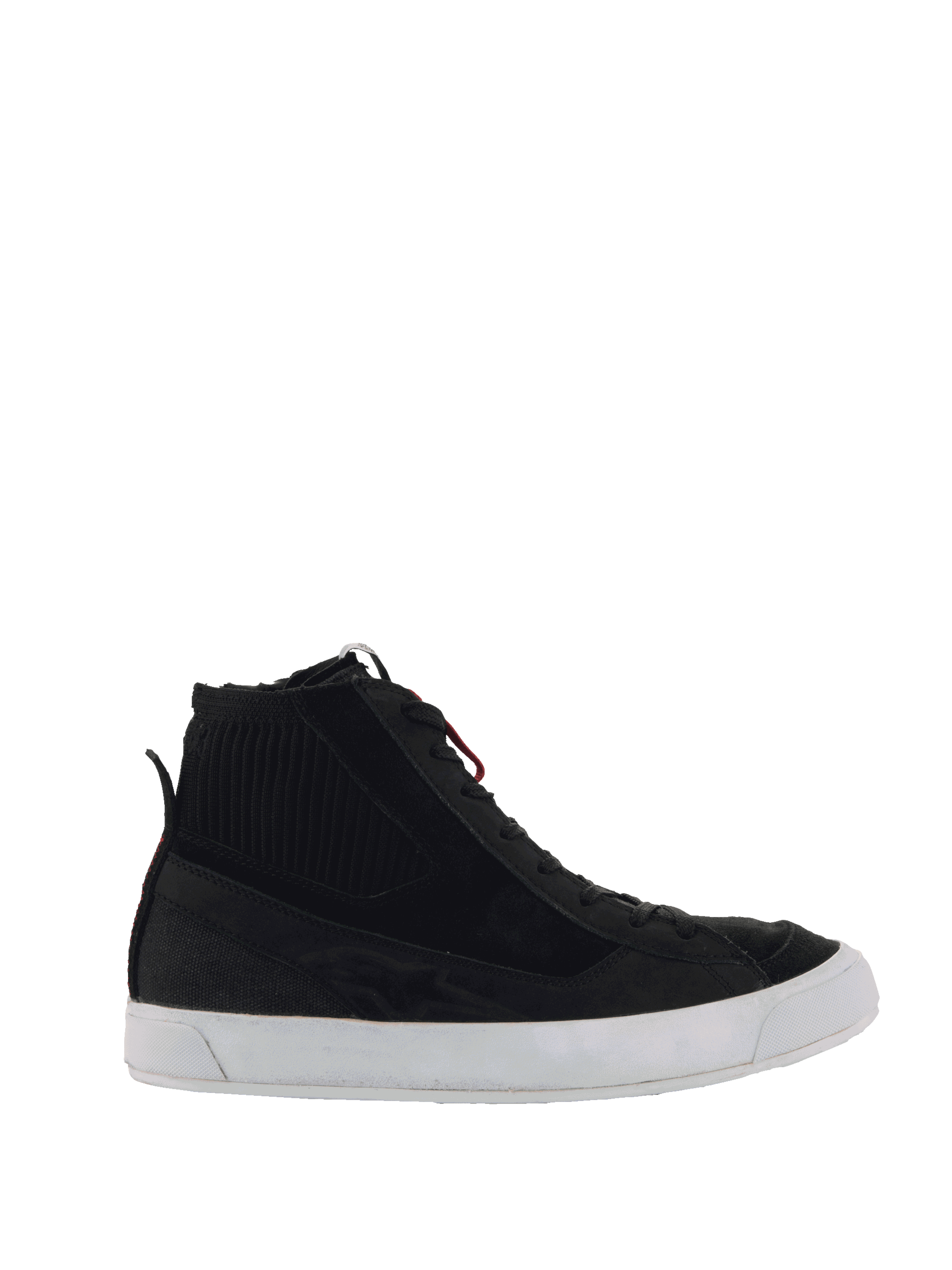 Alpinestars Stated Shoes, black urban motorcycle sneakers with a knitted ankle collar and white vulcanized sole.