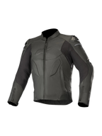 Alpinestars Caliber Leather Jacket, Black, motorcycle road gear, featuring premium leather construction with perforated panels, external DFS shoulder sliders, zippered front and cuffs, and subtle embossed chest logo