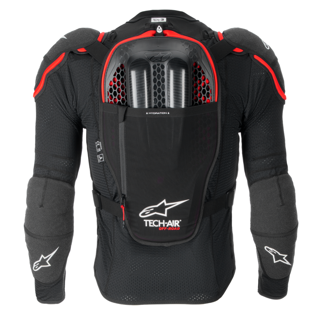 Tech-Air® Off-Road motorcycle airbag back view in black and red, featuring Nucleon CELL armor and hydration pocket.