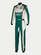 Alpinestars Tech Vision V3 Custom Suit, professional auto racing suit, teal green and white with gold accents, featuring custom sponsor logos and driver name on the belt, three-layer Nomex construction with shoulder epaulettes and knitted cuffs.